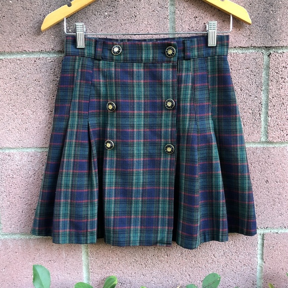 Vintage 80/'s plaid high waist button down midi skirt Size XS S